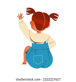 Girl First Grader Having Lesson Sitting and Raising Hand Vector Illustration