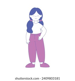 Girl First Grader in Purple Pants Standing and Smiling Vector Illustration