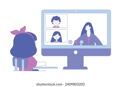 Girl First Grader Sitting at Desk in Front of Computer Having Online Lesson Vector Illustration