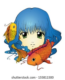 Girl with fish carp in long blue hair