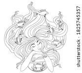 girl with fish in her hair coloring book. zodiac sign Pisces. goldfish in water, aquarium. dreamy girl with closed eyes. vector illustration drawn by lines isolated on white background