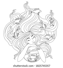 girl with fish in her hair coloring book. zodiac sign Pisces. goldfish in water, aquarium. dreamy girl with closed eyes. vector illustration drawn by lines isolated on white background