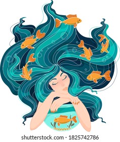 girl with fish in her hair. zodiac sign Pisces. goldfish in water, aquarium. dreamy girl with closed eyes. blue hair. vector illustration isolated on white background