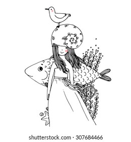 Girl, fish, seagulls, seaweed, starfish and a ring. Hand drawn vector. Coloring book.