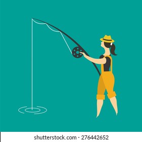 Girl fishing clothing fisherman standing holding a fishing rod and fishing