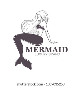 Girl with fishtail mermaid marine brand isolated monochrome icon vector isolated fairytale female character swimwear boutique emblem or logo woman sitting in profile fantastic creature or siren.