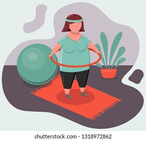 The girl in the fitness room turns the hoop. Fitness & Sport. Graphic design. Vector illustration.