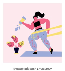 Girl with fitness rubber band. Home workout training. Hand drawn. Flat illustration. Training and watering plant.