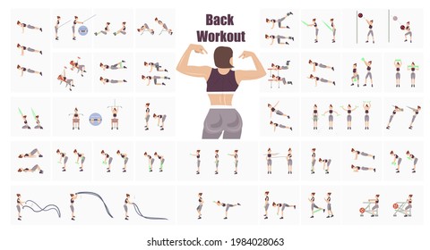 Girl fitness workout.  Fat burning workout. Full body exercises. Back exercises. Training with inventory. Toned body. Woman's back before and after weight loss. Vector illustration. svg