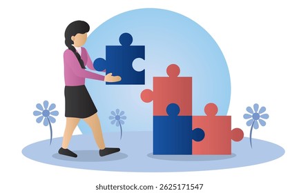 Girl fitting puzzle piece. Vector illustration