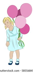 Girl with five pink balloons. Vector illustration.