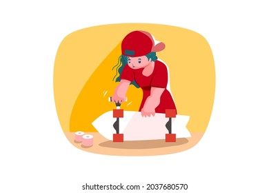 A girl is fixing her skateboard by whence.Hipster girl in red shirt and red cap is using skate tool to fix a wheel.Illustration of a woman  and skateboard on isolated yellow background. 