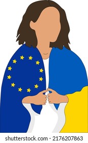 Girl with flag of the European Union and Ukraine. Help Ukraine. Ukraine is suffering. Ukraine asks for help from the European Union. Ukraine's cry for help. Ukrainian refugees. European Union