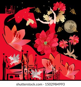 Girl flamenco dancer, dressed in red dress, winged unicorn, silhouette of castles, flowers, birds, moon and stars in night sky. Beautiful bandana print or square card.