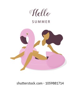 Girl with flamingo float. Hello summer. Vector