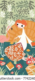Girl with flamingo and Henri Matisse inspired decoration, vector illustration