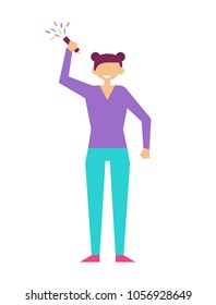 Girl with flapper in hand celebrate birthday or New year party vector illustration isolated on white. Woman at birthday with petard, fun entertainment