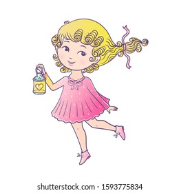 Girl with a flashlight. Postcard. Vector illustration.