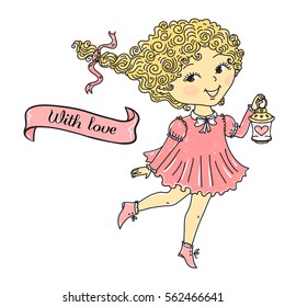 Girl with a flashlight. Postcard "With love". Vector illustration.
