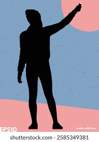 Girl with flashlight silhouette. Vector abstract textured background