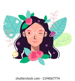 Girl flat character with plants. Vector illustration. Eps 10.