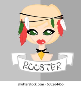 Girl in Flat Style; Chinese Zodiac Illustration; Rooster