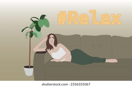 A girl in a flat style lies on a sofa against the background of a neon sign. Concept for home comfort.
