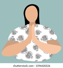 Girl in a flat style in a namaste pose. Vector illustration on a blue background. A man in a T-shirt with a print of pomegranates practices yoga, prays.