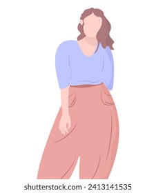 A girl in a flat style stands on a white background. A girl without a face in full growth. Complete figure. Casual clothes.