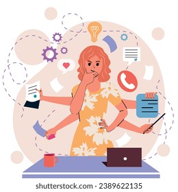 Girl in flat style. White background.Notes, negotiations, business.Internet. Multitasking.Many hands. Trendy person. Character. Business.Importance.Isolated.Time management. Idea