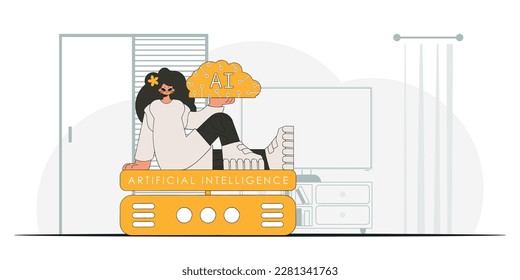 Girl flaunting AIpowered brain, with a fashionable look, vector pic