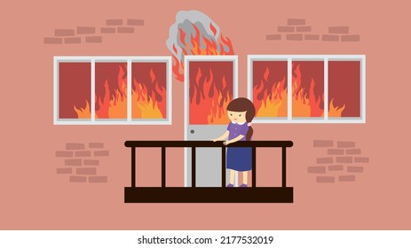 girl fleeing a fire on the balcony