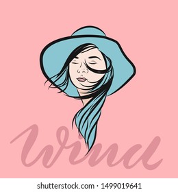 The girl flies blue hair on a pink background with lettering