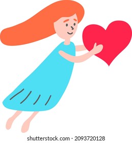 girl flies and holds a big heart in her hands. A girl in love.