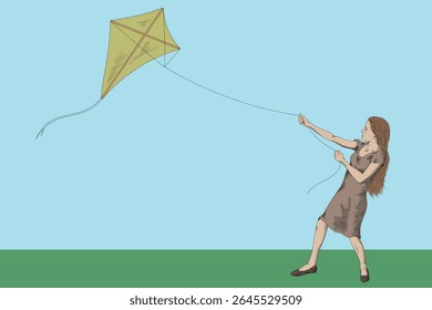 A girl flies a kite in the wind in the field