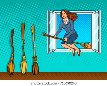 Girl flies on broom in window pop art retro vector illustration. Comic book style imitation.