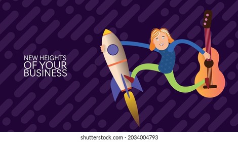 A girl flies on a rocket with a guitar in her hand to the heights of business. Vector banner