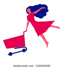 Girl flies to the sale. A woman flies holding a shopping cart (shopping trolley) in her hand. Element for discounts, sales and promotions. Retro style, 3 colors used.