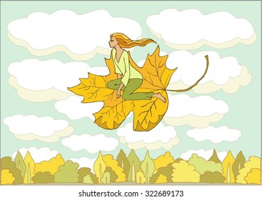 girl flies sitting on the leaf, fantasy