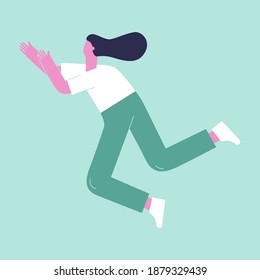 The girl flies in space. Holds something in his hands, reach for something. Flat illustration, concept. On a colored background, abstract style people