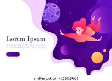 girl flies in space. planets and universe. Template for landing page, banner, presentation, web page. vector cartoon illustration