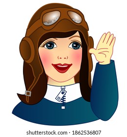 girl in flight brown helmet with glasses, emoticon on a white isolated background, color vector emoji