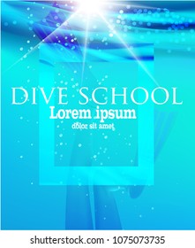 Girl in flippers and dolphin in a sea water . Diving school banner. Vector illustration