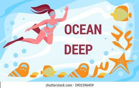 A girl in flippers and a mask swims in the depths of the ocean. Starfish, shellfish, fish. Vector template. Illustration in flat cartoon style.