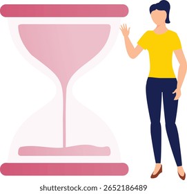 A girl flips an hourglass, setting the sand in motion. She watches intently as each grain falls, marking the passage of time with quiet anticipation and a sense of serene patience.