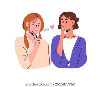 Chica coqueteando con sonrisa juguetona, mujer sorprendida amiga mirando con expresión de shock, emoción. Joven mujer enamorada en sentimiento alegre juguetón. Ilustración vectorial plana aislada sobre fondo blanco