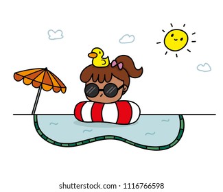A girl float in the swimming pool. play beach ball/ Orange  umbrella / smiley sun/ good-day Life ring/ sunglasses / Yellow duck.