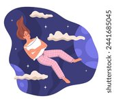 Girl floating in air, hugging pillow, sleeping sweetly. Woman naps among clouds, stars and planets in space. Concept of healthy sleep, dreams. Vector flat illustration.
