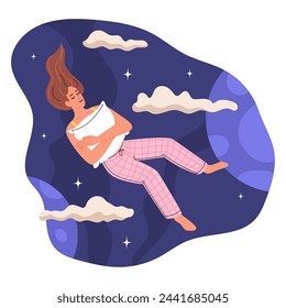 Girl floating in air, hugging pillow, sleeping sweetly. Woman naps among clouds, stars and planets in space. Concept of healthy sleep, dreams. Vector flat illustration.