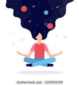 Girl floating in the air in a lotus position. In her hair the whole universe. The concept of meditation, dreams, self-immersion, self-improvement. Flat vector illustration.